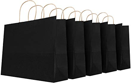 Lot de 10 Sacs Cadeau en Papier Kraft Sac à Provisions pour Pain Pâtisserie Café Vêtement Sacs Emballage Cadeau avec Poignées Recyclé Pochettes Cadeaux Fête Mariage Anniversaire Noël Noir Horizontal