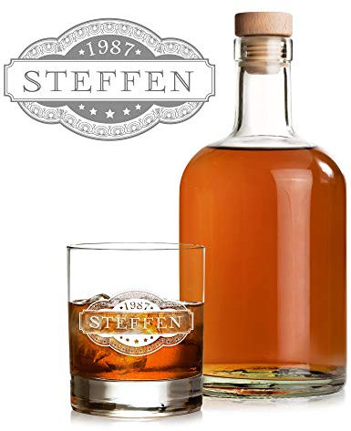 AMAVEL Ginset mit Glasflasche und Tumbler, Personalisierte Gravur mit Namen und Jahrgang, Motiv Banderole, 700 ml