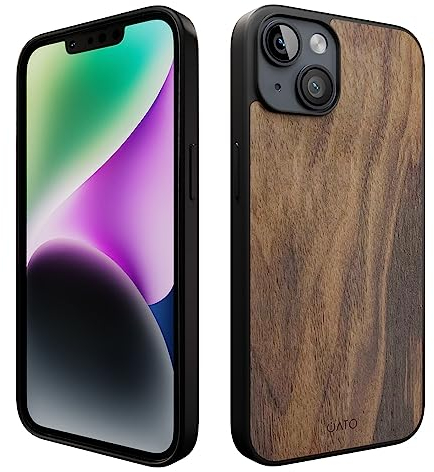 iATO iPhone 14 Plus Magnetic Wood Case. Unique & Classy Shockproof Protective Cover. Compatible with MagSafe & Wireless Charging Real Wooden Overlay on Soft Black TPU - Natural Walnut