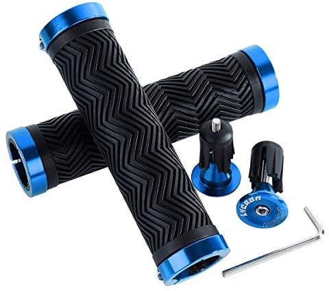 LYCAON Ergonomic Fahrradgriffe mit 2 Dehnbaren Aluminium-Endkappen, Fahrradlenker-Griffe für BMX/Dirt/Downhill/Kinderf/MTB/Mountain/Straßen/Stadt/Fahrrad/Scooter/Motorroller (Blau - Erweiterbar)