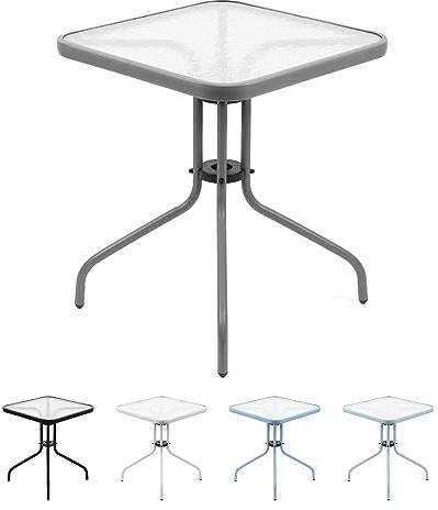 THE SECRET HOME - Mesa Cuadrada de Metal con Base de Cristal Texturizado - Alto. 70 cm x Largo. 60 cm x Ancho. 60 cm - Color Gris - Mesa para Jardín, Terraza, Patio o Balcón