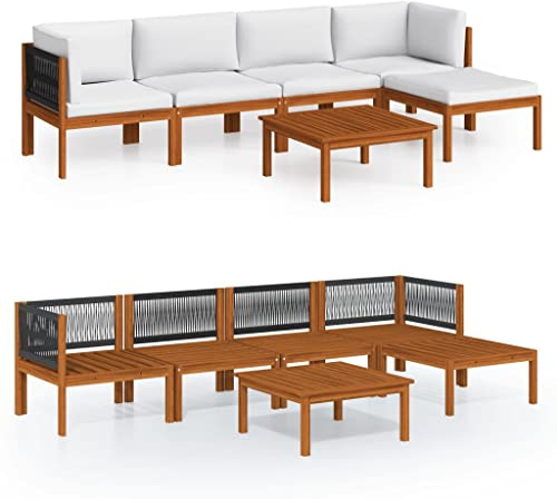 vidaXL Salon de Jardin 6 pièces avec Coussins, Bois d'acacia crème et Corde