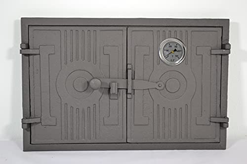 SEZAM doppia porta del forno in ghisa con termometro 500 °C con serratura, rettangolare, porta del forno per pizza - forno per il pane - porta del forno in pietra, 42 x 3 x 27,2 cm, grafite verniciata