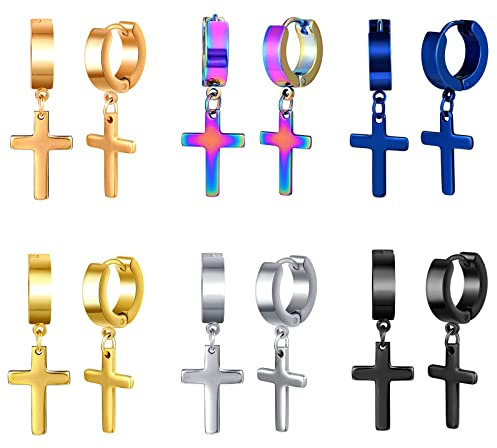 Feilok 6 Paar Damen Ohrringe Edelstahl Männer Ohrstecker Ohrhänger Hängeohrringe Lange Hängend Kreolen für Herren Huggie Piercing Ohr Kreuz Ohrhänger Baumeln Unisex