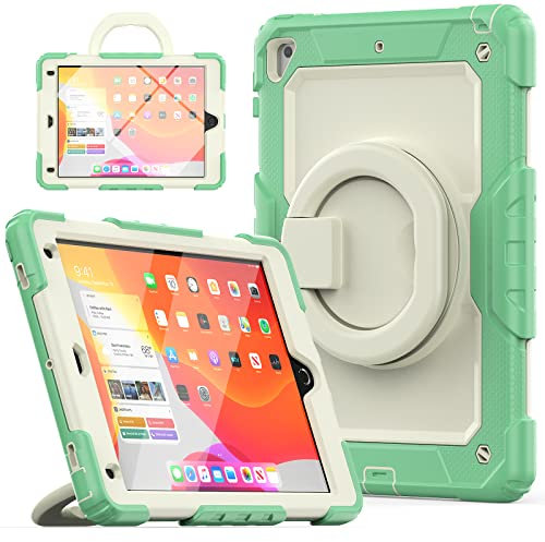 Funda resistente a los golpes para iPad Air 2, funda híbrida de 3 capas a prueba de golpes para iPad 9.7 de 6ª y 5ª generación, soporte de mango giratorio de 360° + correa para el hombro, color verde