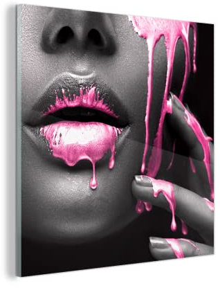 MuchoWow Glasbild Glasfoto Wandbild Bilder Deko 20x20 cm Lippen - Rosa - Schwarz