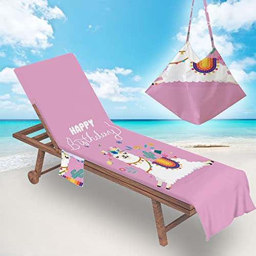 Morbuy Strandliegen Handtuch mit Taschen Mikrofaser, Alpaka Drucken Liegestuhl Handtuch Strandtuch für Liegen Handtücher für Strandliegen Strandtuch, Kapuze für Besseren Halt (Happy Birthday)