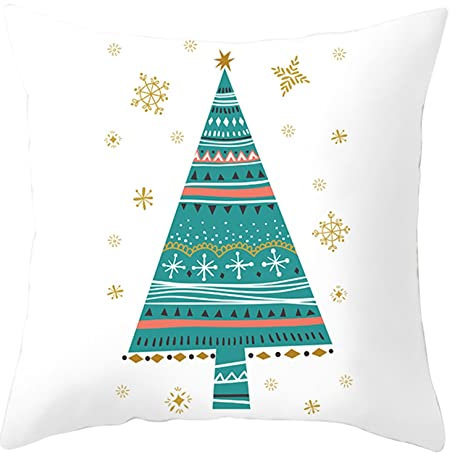 AMDXD 50x50cm Weihnachten Kissenbezüge, Streifen Weihnachtsbaum Schneeflocke Kissenhüllen aus Polyester Quadratische Kissenhülle für Autos Wohnzimmer Schlafzimmer Büro Sofa Dekor, Weiß Grün