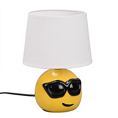 etc-shop Nachttischlampe Keramik Tischlampe für Schlafzimmer Wohnzimmerlampe Tischlampe Modern, Emoji mit Sonnenbrille gelb, Textil weiß, 1x E14 Fassung, DxH 18x26 cm