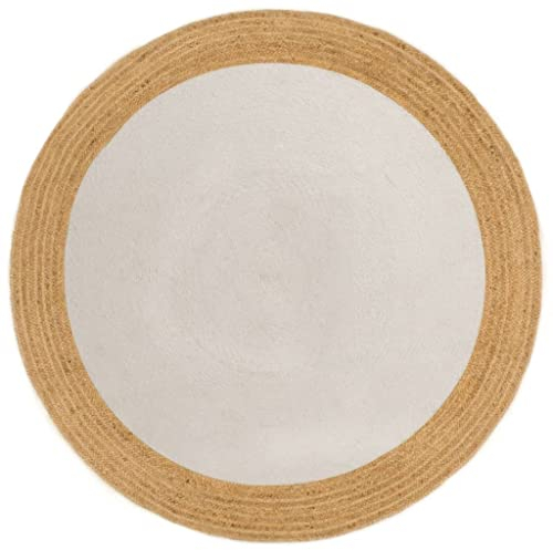 vidaXL Teppich Geflochten Wohnzimmerteppich Juteteppich Bodenmatte Schlafzimmer Wohnzimmer Flur Weiß Natur 90cm Jute Baumwolle Rund