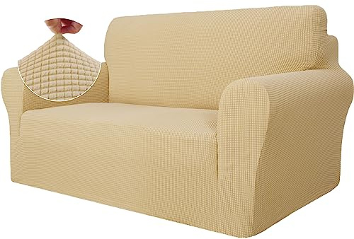 Ystyle Stretch Sofa Überzug 2 Sitzer, Beige Gelb | Elastisch Sofabezug mit Armlehnen, Jacquard Couch Überzug Rutschfest, Waschbar Sofa Cover Protector für Hunde Haustiere