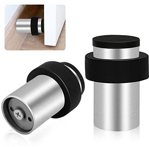 TOKPLNU Door Stops, 50mm Silver Door Stop Floor Mounted Stainless Steel Heavy Duty Floor Wall Door Stoppers for Skirtings, Modern Tall Outdoor Doorstop with Rubber Tip & Ring, 2 Pack