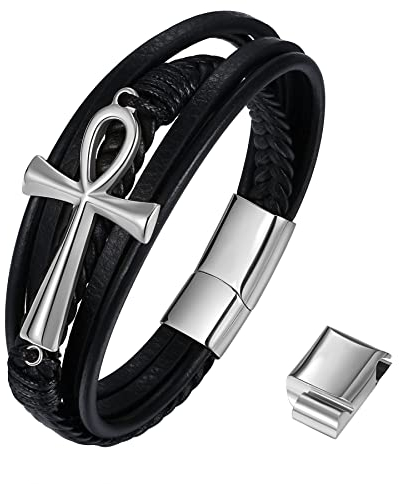 JewelryWe Schmuck Herren Lederarmband, Retro Ägyptische Ankh Kreuz Edelstahl Leder Armband Armreif Manschette, Schwarz Silber