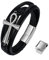 JewelryWe Schmuck Herren Lederarmband, Retro Ägyptische Ankh Kreuz Edelstahl Leder Armband Armreif Manschette, Schwarz Silber