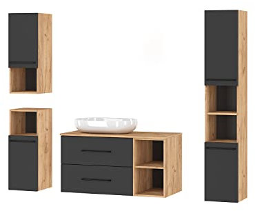 Planetmöbel Badmöbelset Waschtischunterschrank LUX 100 cm Gold Eiche/Anthrazit OHNE Waschbecken mit Hochschrank Gold Eiche/Anthrazit und 2X Midischrank Gold Eiche/Anthrazit