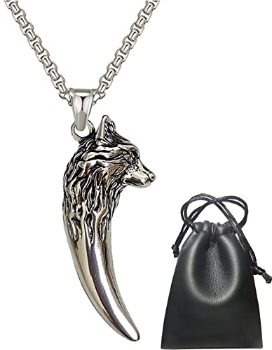 Wikinger Halskette Keltisch Wolfskopf Anhänger, Viking Odin Wolf Zahn Edelstahl Schmuck Nordisch Vintage Punk Amulett Geschenk - 60 Cm Kette Männer und Frauen