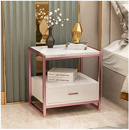 Light Luxury Marble Bedside Table With 1 Drawers, Simplicity Modern Nightstand For Bedroom White, Wrought Iron Bedside Cabinet Black, For Living Room Bed(Size:45 * 40 * 50cm,Color:Rose gold Decoration