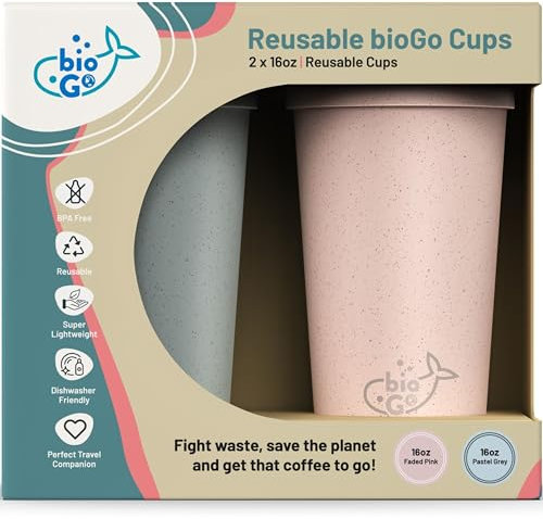 bioGo Lot de 2 tasses à café réutilisables (473 ml, rose délavé et gris pastel)