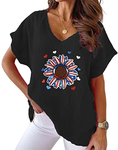KCatsy Women Heart Sunflower Fourth of July Patriotic USA American USA Flag Red White Blue Independence Day Graphic Tee Cotton Linen Loose Top Short Sleeve T-Shirt Blouse XL 14 F FlagFlower Black