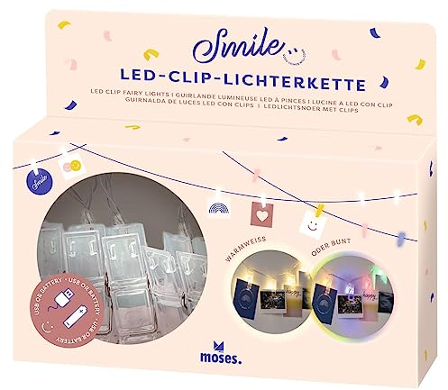 moses. LED-Clip-Lichterkette, Leuchtkette mit zwei Farbmodi warmweißes oder buntes Licht, 10 Clips zum Aufhängen von Fotos, Karten und Erinnerungen, Betrieb per Micro-USB-Kabel oder Batterien