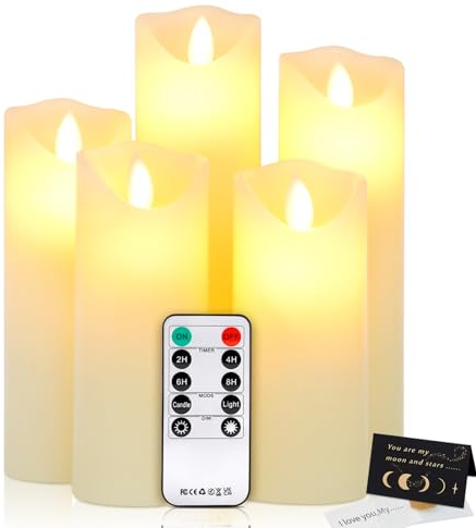 IGUGI Velas LED,Pack de 5 LED Velas sin Llama,llamas LED parpadeantes Efecto de llama real,con Mando a Distancia y Temporizador Velas Decorativas de pilas para Decoración, Bodas, Navidad(Marfil)