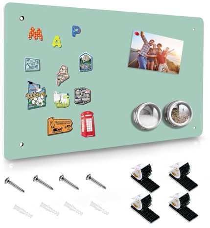 Green Magnetic Board,17.5 x 11.4 Magnet Bulletin Board to Display Magnetic Notes, Poetry, Photos, Suitable for Wall, Refrigerator, Cabinet etc, Come with 4 Pcs Dual Lock Tape and Screws