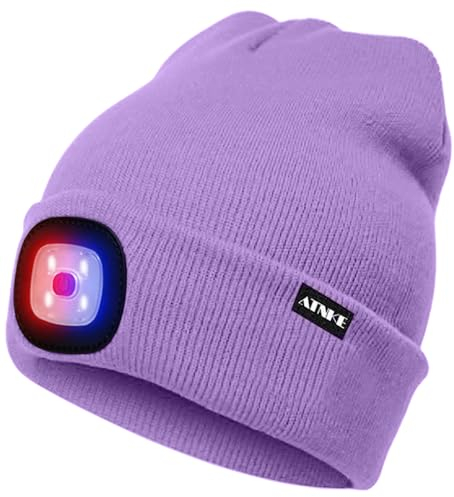 ATNKE LED Beleuchtete Mütze,Wiederaufladbare USB 4 LED Rot und Blau Leuchten Blinkender Laufmütze mit Licht Extrem Heller Lampe Winter Warme für Herren und Damen Geschenke/Taro Purple
