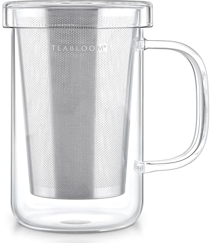 Teabloom Premium Borosilikatglas Tasse mit Edelstahl-Tee-Ei und Deckel – 350 ml