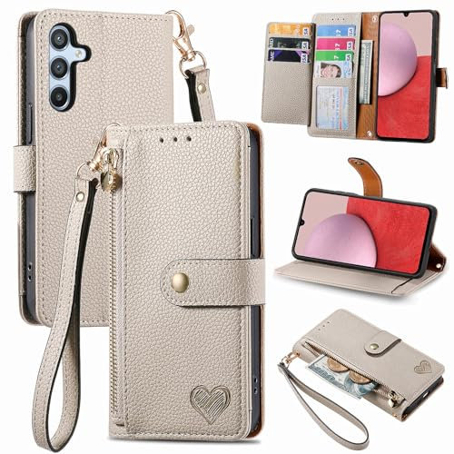 VEEMOS Handyhülle für Samsung Galaxy A14 5G 4G Hülle Klappbar Klapphülle Schutzhülle mit Kartenfach RFID Reißverschluss Handy Tasche Leder Flip Case Cover Handytasche Frauen - Grau