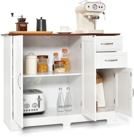 KOMFOTTEU Armoire de Stockage multifonctionnelle, Buffet de Cuisine avec 2 Placards à Portes & 2 Tiroirs, Meuble de Rangement avec Dispositif Anti-basculement, 100 x 40 x 78 cm (Blanc)