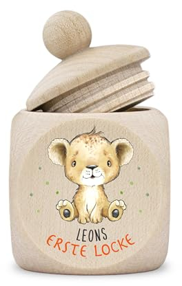 Dose erste Locke modern Holz personalisiert Druck Name Tier Löwe Koala Fuchs Bär Elefant Wildlife Junge
