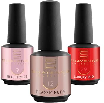 SHAYENNE UV Nagellack Set -MADE in GERMANY 3 Stück - 9 Blush Rose Rosa 15 ml - 12 Classic Nude 15ml - 29 Luxury Red Rot 15ml Gel Farblack Gellack Nagel Lack Nail Polish Nagelgel