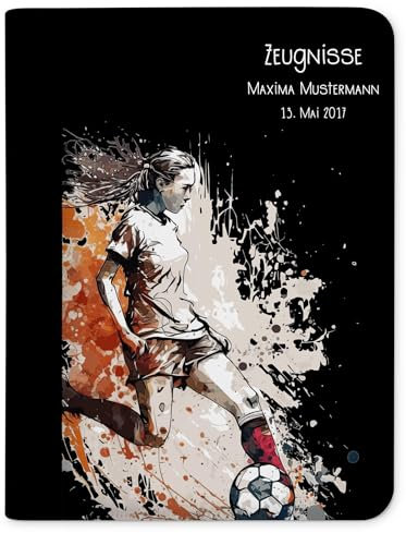 CreaDesign Customize A4 Zeugnismappe für Kinder 24 x 31 x 1 cm, Sichtbuch mit 10 Klarsichthüllen, erweiterbar auf bis zu 20 Taschen, Fußballspielerin weiß schwarz Design, Dokumentenmappe für Schüler