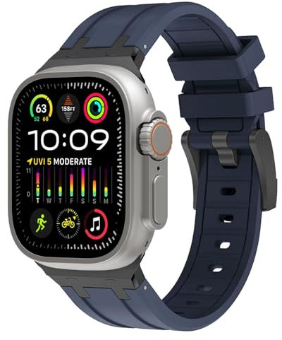 Shesyuki Sport Silicone Strap Compatible with Apple Watch Ultra 2 / Ultra 49mm 45mm 44mm 42mm for Men, iWatch Ultra/Ultra 2 SE Series 9 8 7 6 5 4(Black Adapter- Blue)
