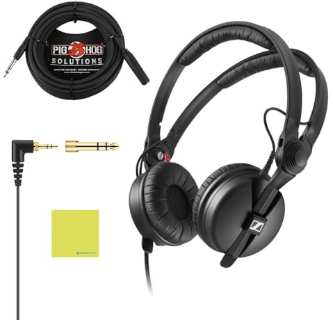 Sennheiser HD25 Plus On-Ear-Kopfhörer, schwarzes Bündel mit Pig Hog PHX14-25 1/4 Zoll 7,6 m Kopfhörer-Verlängerungskabel und Instrumenten-Poliertuch, geschlossene Rückseite, Monitor-Kopfhörer