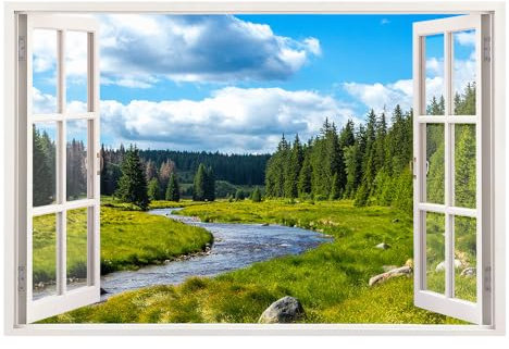 Wallspirit Wandaufkleber mit Fenster mit Ausblick 120 x 80 cm- moderner Kunstdruck - XXL Wandbild - (Berge und Fluß)