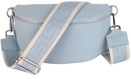 MIRROSI® Bauchtasche Damen, Echtleder, Made in Italy, Umhängetasche, Brusttasche, Crossbody Bag (1 Tasche & 2 Gurte) (Babyblau (Uni), Große Tasche (28x18x9cm))