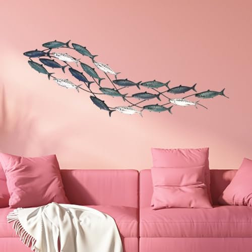 yjnhxns Wanddekoration aus Metall, Küsten-Metallfisch-Wanddekoration, Fischschwarm, Ozean-Wanddekoration, handgefertigt, für Strand, Badezimmer, Wohnzimmer