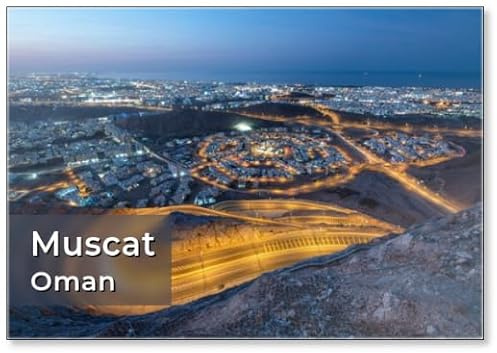 Kühlschrankmagnet mit Luftansicht von Maskat, Oman bei Nacht