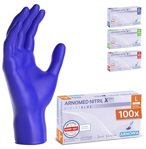 100x ARNOMED® Einweghandschuhe akzeleratorfrei, Nitril Handschuhe L | Einmalhandschuhe hautfreundlich, Nitril Handschuhe Einweg violettblau, allergikerfreundliche Gummihandschuhe puderfrei