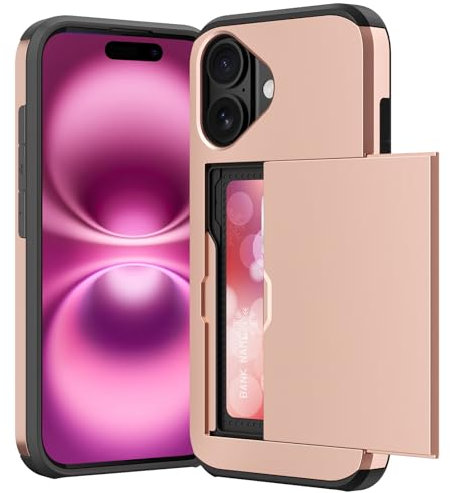 ACOCOBUY for iPhone 16 Case with Card Holder Sliding Cover Hidden Pocket IDs Credit Cards Slot Heavy Duty Shockproof Protective Dual Layer Wallet Phone Cover Back Shell for Men Women 6.1inch Rose Gold