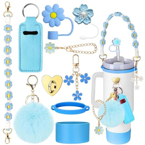Stanley Cup Accessories Set, 10PCS Stanley Cup Decor Includes Stanley Straw Cover, Water Bottle Handle Strap, Silicone Stanley Cup Boot, Stanley Charms for Stanley Cup 40oz & 30 oz Tumbler, Blue