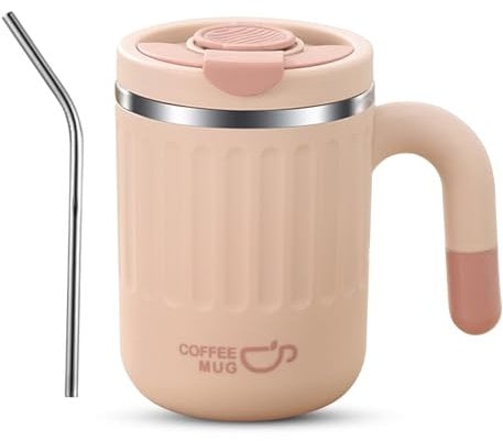 Kytpyi Mug Isotherme 480ml - Tasse Café Étanche avec Paille et Couvercle, Acier Inoxydable Anti-brûlure pour Maison, Bureau, Voyage (Rose)