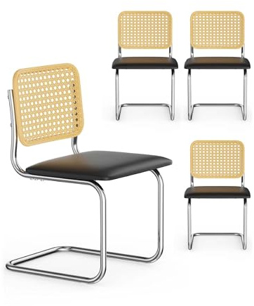 VonHaus Dining Chairs Set of 4 - Rattan Effect Cantilever Kitchen Chairs - Mid Century Black Padded Seat with Chrome Frame - For Kitchen & Dining Room