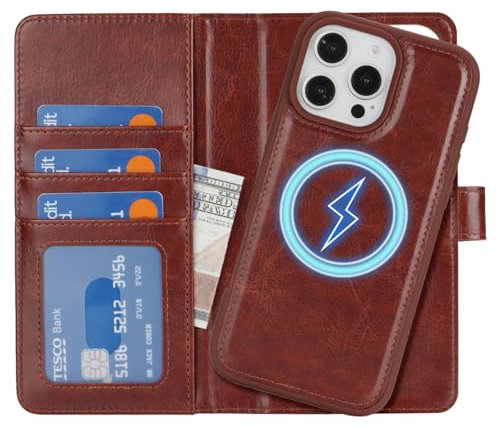 Zouzt Case for iPhone 16 Pro Max 6.9 Inch, 2 in 1 Detachable Wallet with Card Holder for MagSafe Magnetic Wireless Charging Premium PU Leather Flip Folio Kickstand Shockproof Cover Men, Dark Brown