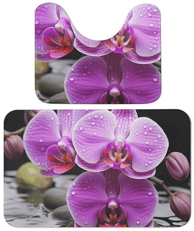 TKJMCSW Badematte mit violetten Orchideen, saugfähig, 50 x 80 cm, 2er-Set, Duschvorleger, rutschfeste Duschmatte für Tür, Eingang, Badewanne, Seitenwaschbecken, Bodenmatte, WC, U-förmige Matte