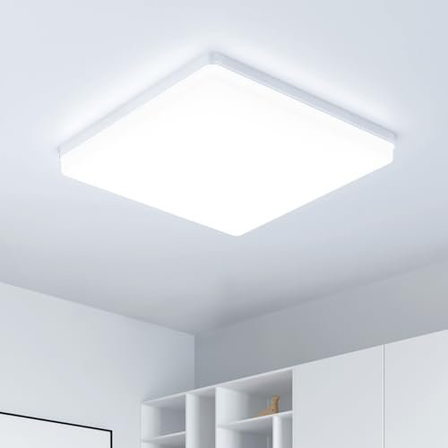 Kuwork Lampara Techo LED 48W: 30CM Plafon LED Techo 6500K, 4800LM Plafon Superficie Panel LED para Dormitorio Cocina Pasillo Baño Sala, Blanco, Cuadrado