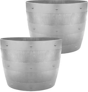 SIDSONS - Traditional Barrel Style Round Garden Planter Tub - Plastic Flower Pots with Decorative Bands - Indoor & Outdoor Use- No Drainage Holes, Weather-Resistant Patio Plant Pot Pack of 2