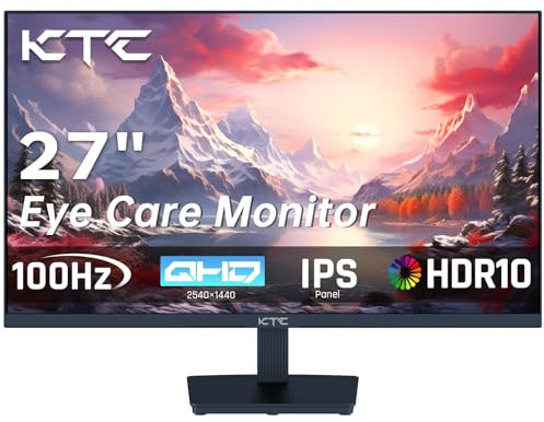 KTC Monitor 27 Pollici, 100Hz Schermo PC Gaming, QHD, IPS, 2K QHD 2560 x 1440P, Adaptive-Sync, HDR, 99% sRGB, Luce blu bassa, VESA 100 * 100mm, HDMI, DP, H27T27