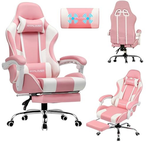 LUCKRACER Silla Gaming, Silla Gamer con Masaje, Silla de Oficina Ergonómica con Reposapiés, 150 kg, Asiento Gaming, con Reposacabezas y Reposapiés Retractable, Rosa